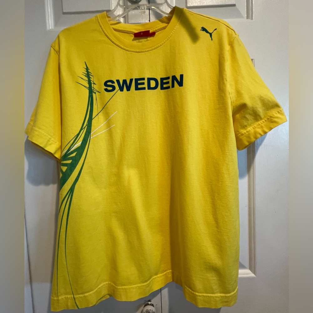 Puma Yellow SWEDEN 💛 Tee with Blue Nordic Ship Graphic Design around Side